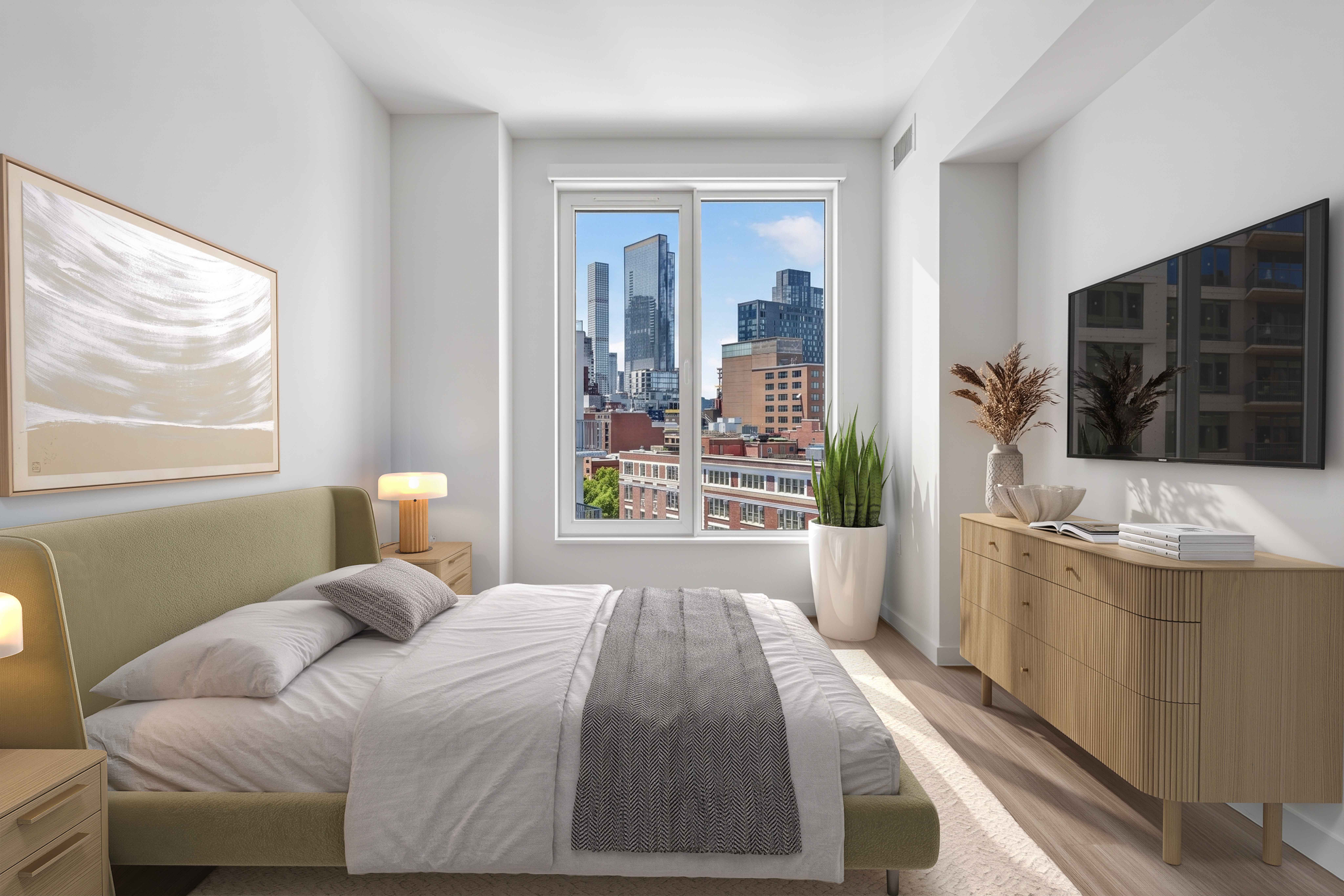 DŌMI bedroom with skyline view